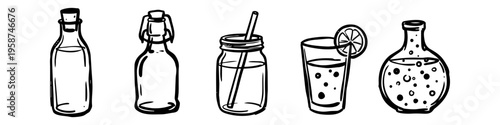 Set of hand-drawn vector illustrations featuring various beverage containers including bottles, a mason jar with straw, a glass with lemon, and a flask, in a minimalist doodle style.