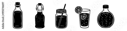 Hand-drawn vector set of beverage containers featuring a corked bottle, flip-top bottle, mason jar with straw, and a glass of refreshing lemonade, isolated on white background.