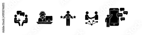Business communication and customer service icon set featuring a support agent, feedback stars, networking, coffee meeting, and mobile messaging. Simple black silhouettes on white background.
