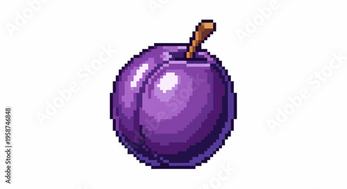 Pixel Art Purple Plum Fruit with Stem.