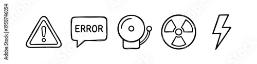 Set of hand-drawn warning and error icons including caution sign, error message, alarm bell, radiation symbol, and lightning bolt. Minimalist black line art doodle on white background.