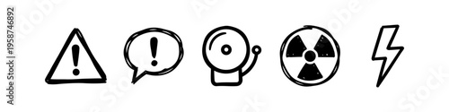 Set of hand-drawn warning and alert icons including exclamation mark, alarm bell, radioactive symbol, and lightning bolt. Minimalist black doodle style icons on white background.