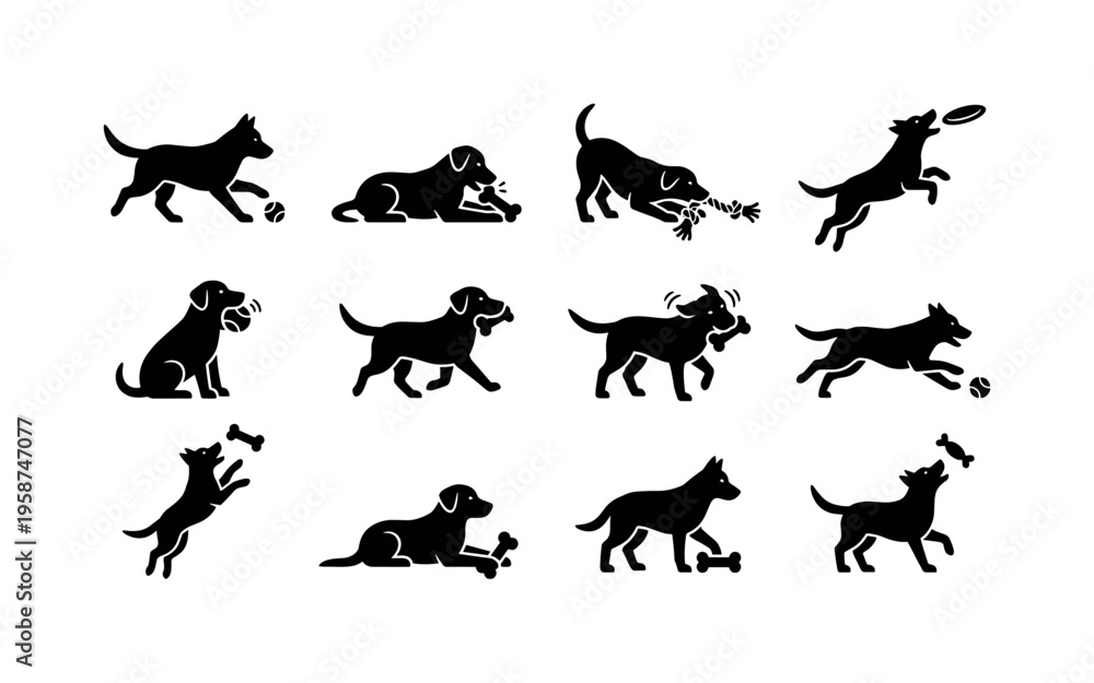 Fototapeta premium Collection of black dog silhouettes playing with toys and bones