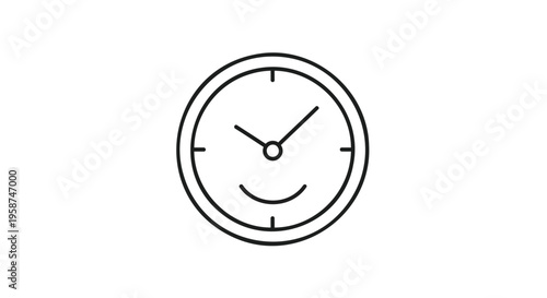 Smiling clock face icon, happy clock symbol, line art clock, emoticon clock