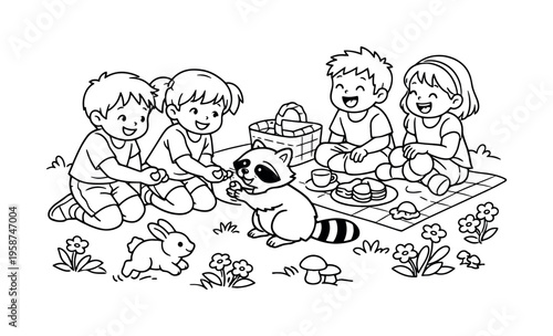 Raccoon picnic scene with kids kneeling and offering treats to a raccoon, friends laughing nearby, blankets, flowers, small