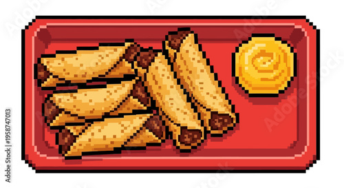 Pixel Art Taquitos with Mustard Dip on Red Tray.