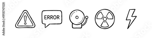 Set of hand-drawn warning and error icons in doodle style. Includes exclamation mark, error speech bubble, alarm bell, radiation symbol, and lightning bolt. Vector line art on white background.