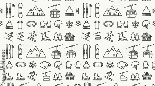 Outline Winter Ski Resort Activity Icons Seamless Pattern in bright studio background.