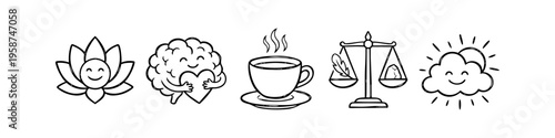 Set of hand-drawn minimalist icons for mental health, mindfulness, and self-care. Featuring a lotus, brain hugging a heart, coffee cup, balance scale, and a happy sun cloud doodle.