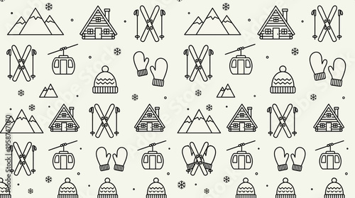 Monochrome Winter Ski Resort Icons Seamless Pattern in bright studio background.