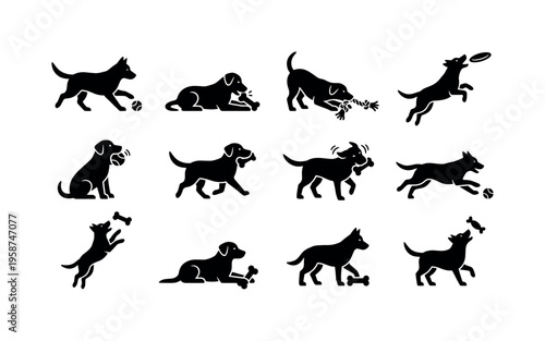 Collection of black dog silhouettes playing with toys and bones