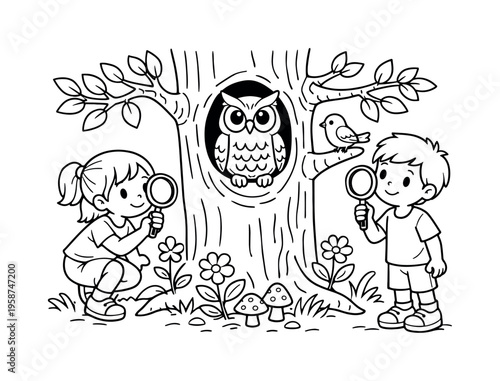 Children Observing Owl. Owl in tree with kids holding magnifying glasses, observing the owl, branches, flowers, small plants, and