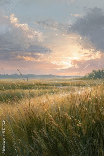 Golden wheat meadow at sunset with sunbeams breaking through dramatic clouds over distant trees