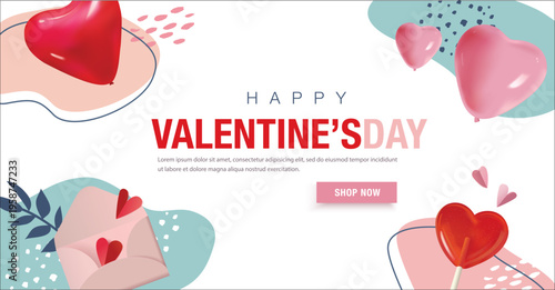 Valentine's Day sale banner with heart balloons, envelope, gift box and abstract pastel shapes. Romantic promotional greeting design with bold typography in modern decorative style.