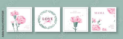 Floral Mother's Day card collection with pink flowers, wreath, love message and soft pastel backgrounds. Greeting templates, posters and covers in modern flat decorative illustration style.