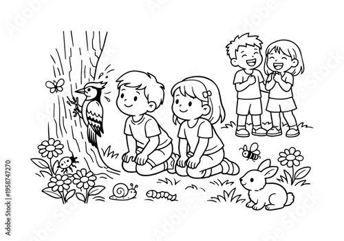Woodpecker tap scene with kids kneeling and observing a woodpecker, friends laughing nearby, flowers, tiny insects, and a small