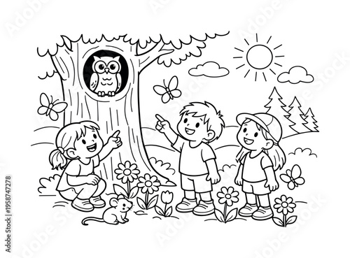 Children enjoying a sunny forest, watching an owl in a tree, smiling and pointing, flowers, friendly butterflies, and a tiny