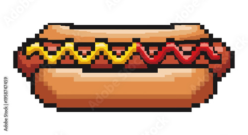 Pixel Art Hot Dog with Mustard and Ketchup.