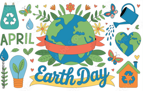 Earth Day doodle art with planet, plants, and symbols