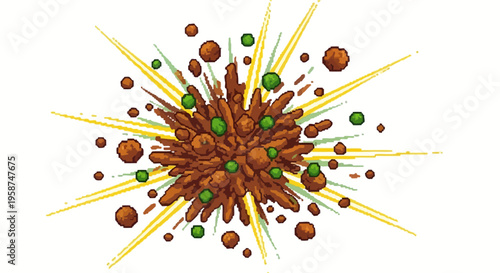 Explosion of brown and green particles with yellow rays.