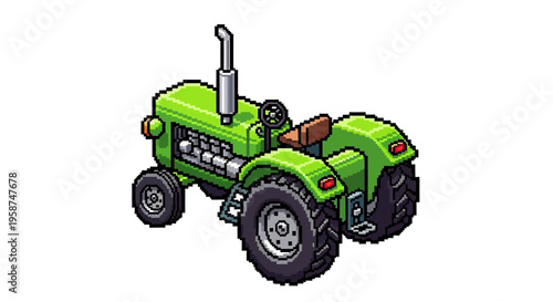 Green Tractor Illustration Isometric View Pixel Art.