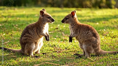 Two wallabies meeting on grassy field. Pair of small marsupials standing face to face in sunshine. Wildlife interaction in nature, wilderness animal behavior.