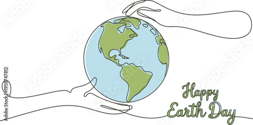 Hands holding planet Earth with Happy Earth Day text