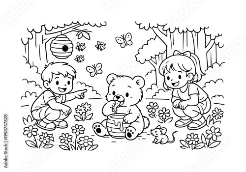 Forest Friends Coloring Page. Children enjoying a sunny forest, watching a bear cub enjoy honey, smiling and pointing, flowers,