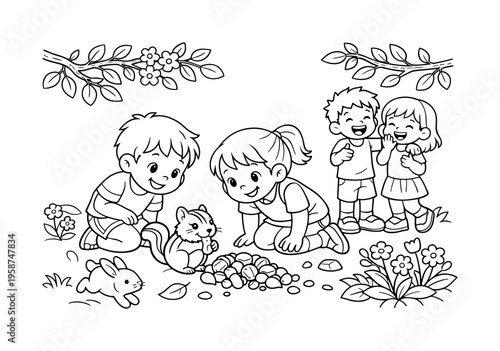 Chipmunk stash scene with kids kneeling and observing the chipmunk, friends laughing nearby, branches, leaves, flowers, and a