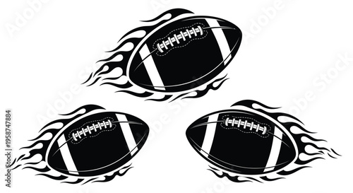 Three black American footballs with stylized flames streak across the white background, signaling fast athletic motion and competitive sports energy.