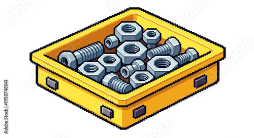 Yellow Bin Filled With Assorted Nuts and Bolts.