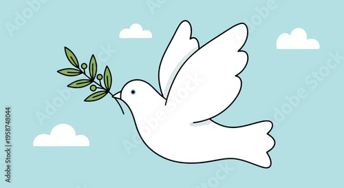 A white dove flying peacefully through the blue sky while carrying a small green olive branch