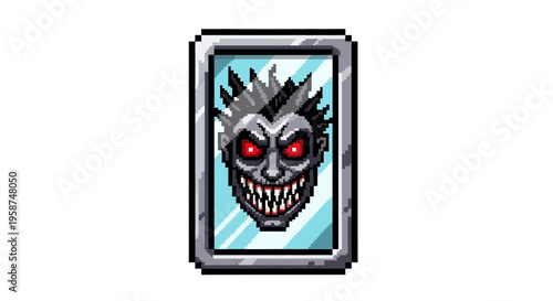 Pixel Art Scary Monster Face Reflection in Mirror.