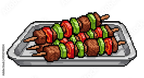 Pixel Art Skewers with Meat and Vegetables on Tray.
