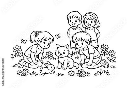 Wolf pup scene with kids kneeling and watching the pup curiously, friends smiling nearby, flowers, small plants, and a tiny