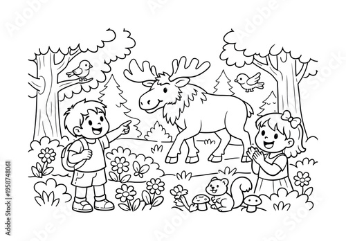 Children watching a moose strolling through a forest, smiling and pointing, trees, flowers, and friendly birds around, black and