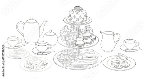 A simple black and white line drawing of a charming tea party set with cakes and assorted tableware