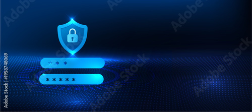 Password lock security concept with secure lock and login protection icon on blue technology background. 