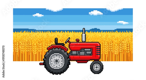 Red Vintage Tractor in a Golden Wheat Field.