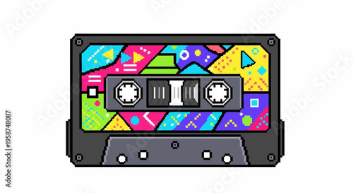 Retro Cassette Tape with Vibrant Abstract Geometric Design.