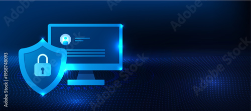 Computer data protection concept with secure shield and desktop icon on blue technology background. Cybersecurity system for protecting computer data, ensuring privacy and secure digital operations.