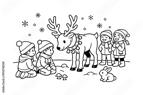 Reindeer bells scene with kids kneeling and observing a reindeer, friends laughing nearby, tiny mushrooms, snowflakes, and a