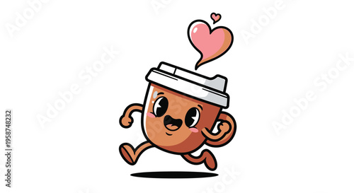 Coffee Cup Character Running with Pink Heart Bubble Isolated on White Background Cute Cartoon Vector