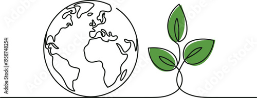 Single line drawing of Earth and green plant sprout