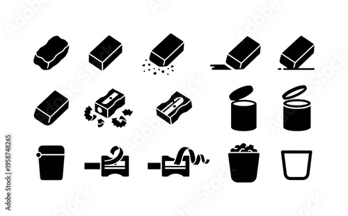 Collection of stationery icons featuring erasers, pencil sharpeners, and waste bins