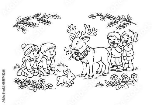 Reindeer bells scene with kids kneeling and observing a reindeer jingling its bells, friends laughing nearby, branches, pine