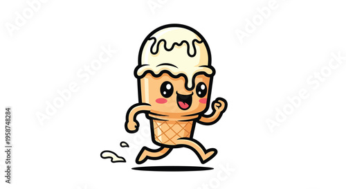 Cute Vanilla Ice Cream Cone Character Running and Melting, Isolated on White Background, Cartoon Vector Illustration