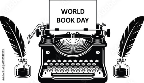 Vintage typewriter with feather quills and inkwells for World Book Day