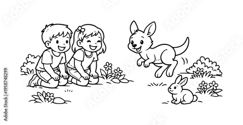 Kangaroo joey scene with kids kneeling and observing a playful joey hopping nearby, friends laughing, small bushes, flowers, and