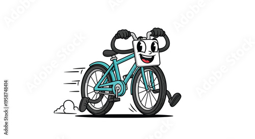 Retro Cartoon Bicycle Riding Fast Happy Mascot Isolated on White